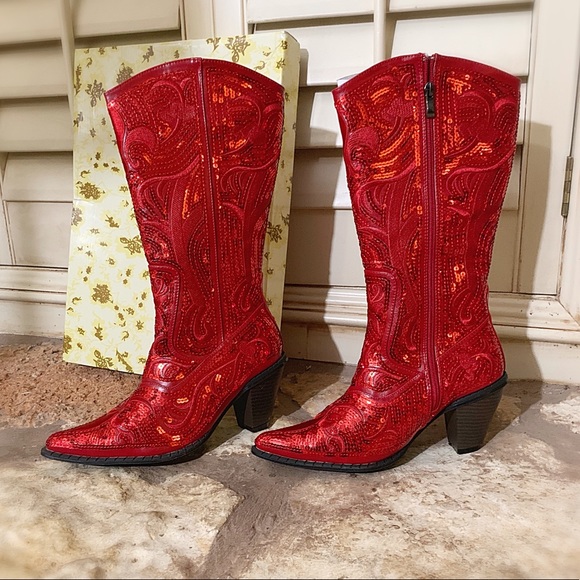 red sequin cowboy boots